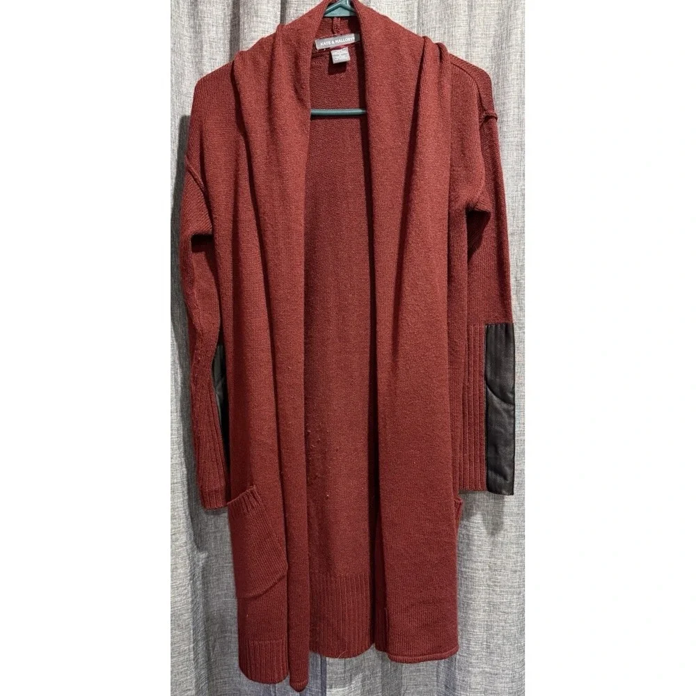 Kate & Mallory Cardigan Faux Leather/Ribbed LS Size Med. Open Sweater Cranberry